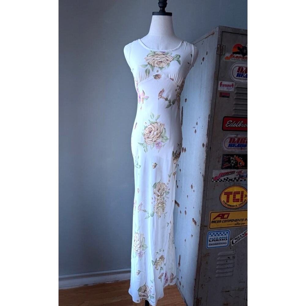 Vintage 90s Floral Slip Maxi Dress | Bias Cut Cream Rose Print Cottagecore | XS - Picture 2 of 10